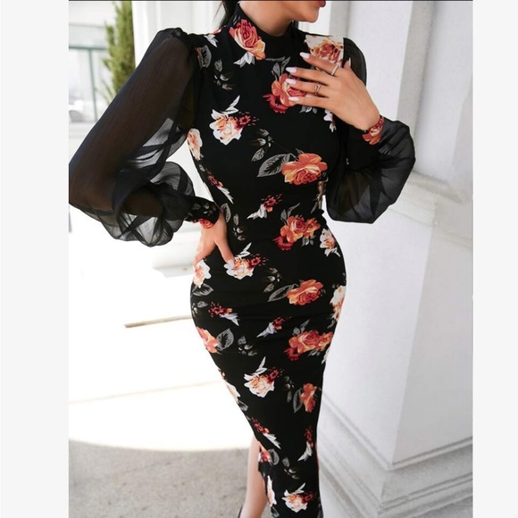 Elegant Classic Floral Mesh Puff Long Sleeve Slit Back Pencil Bodycon Dress - Picture 7 of 7